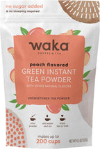 Waka Instant Green Tea Mix, Peach Flavored - 100% Tea Leaves, No Additives, Unsweetened Tea Powder in Bulk Pouch – Easy Quick Hot and Iced Teas, Up to 200 Cups (4.5oz)
