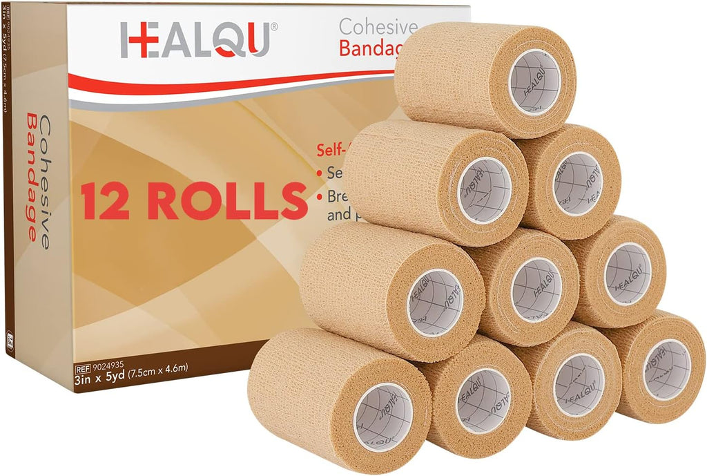HEALQU Self Adhesive Bandage Wrap – 12 Rolls 3" x5Yd Cohesive Tape for Athletic & Sports -Self Adherent Medical Tape, Flexible, Waterproof Elastic Bandages for Wrist & Ankle Vet Wrap for Dogs