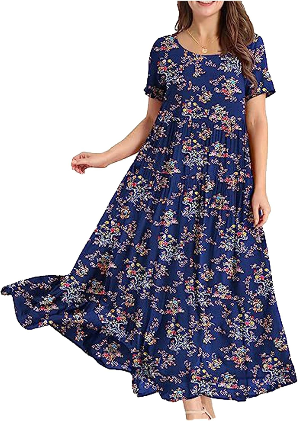 Zhyaj Boho Maxi Dress for Womens Cotton Floral Printed Long Dress Summer Casual Short Sleeve Beach Vacation Dresses