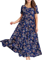 Zhyaj Boho Maxi Dress for Womens Cotton Floral Printed Long Dress Summer Casual Short Sleeve Beach Vacation Dresses