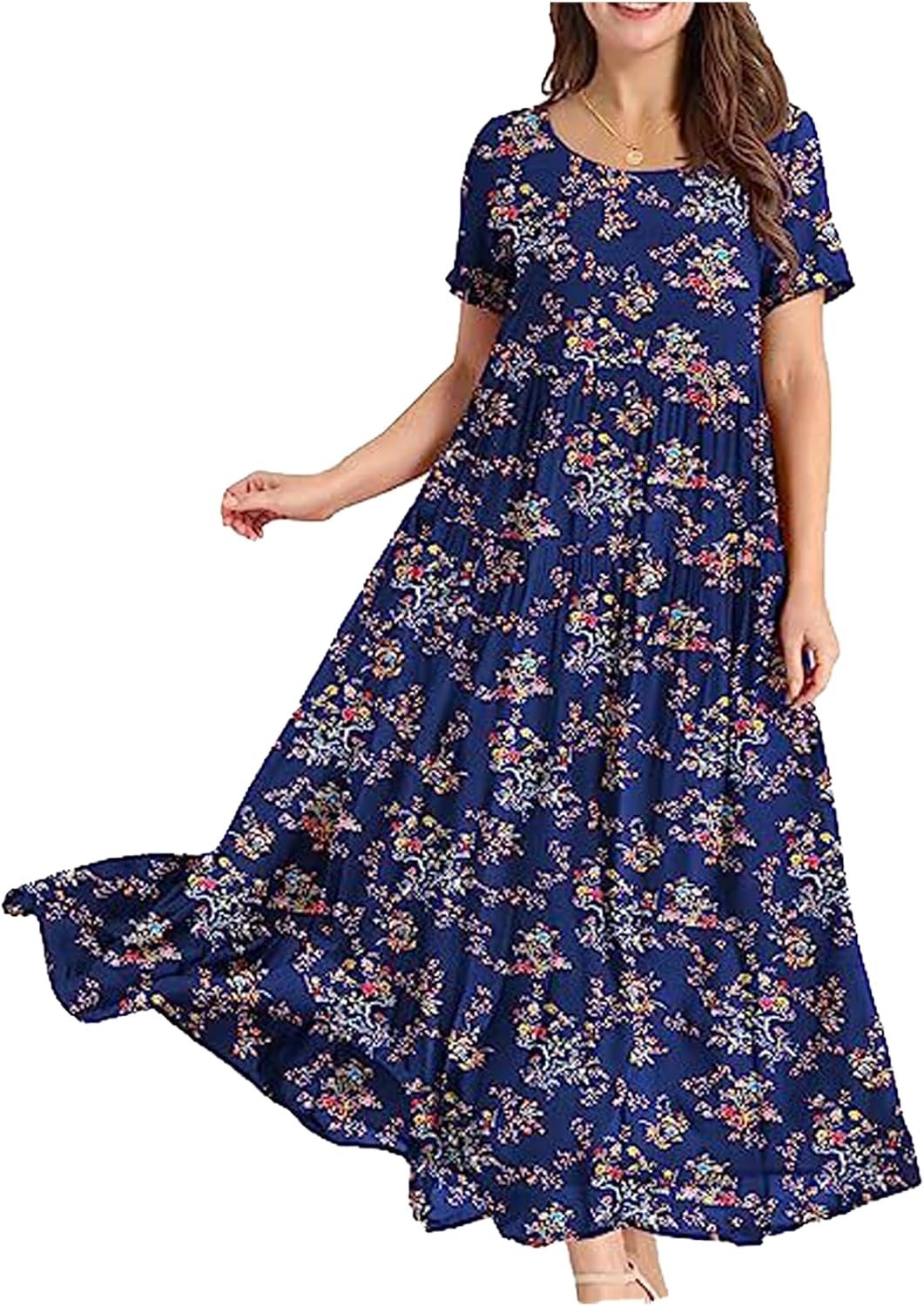 Zhyaj Boho Maxi Dress for Womens Cotton Floral Printed Long Dress Summer Casual Short Sleeve Beach Vacation Dresses