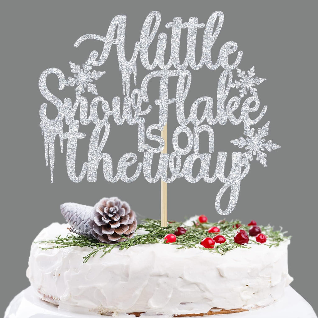 A Little Snowflake is on the Way Cake Topper, Winter Snowflake Birthday Cake Decor, Baby Shower/Gender Reveal Party Decorations Supplies, Silver Glitter