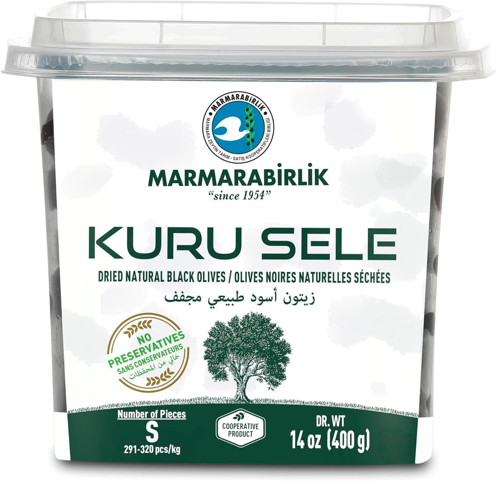 Marmarabirlik, Dry Cured Black Olives, Turkish Dried Natural Olives, Gourmet Mediterranean Flavor, Perfect for Salads, Mezze & Breakfast, Kosher, Vegan, Halal, Small, 14 Oz (400g)