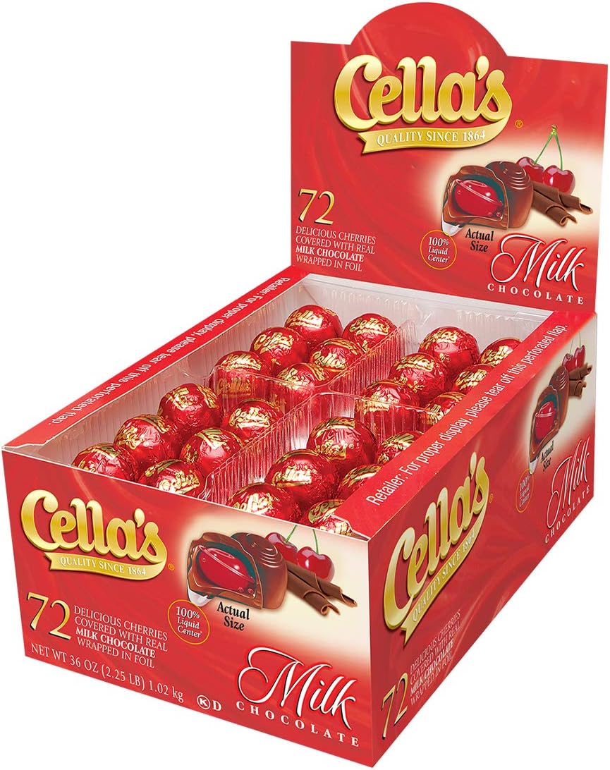 Cella's Milk Chocolate Covered Cherries – Premium Cherry Cordial Candies – Individually Wrapped with Display Box - Peanut Free, Gluten Free – 72 Count, 2.25 Pounds (Pack of 1)