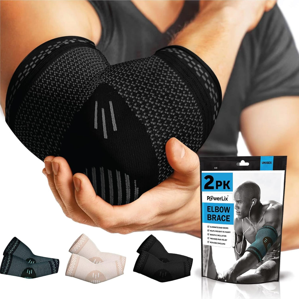 POWERLIX 2Pack Elbow Orthopedic Brace Compression Support (Pair) - Elbow Sleeve for Tennis, Golfer’s, Bursitis, and Sprains, Arthritis, Tendonitis. Pain Relief(Black, S)