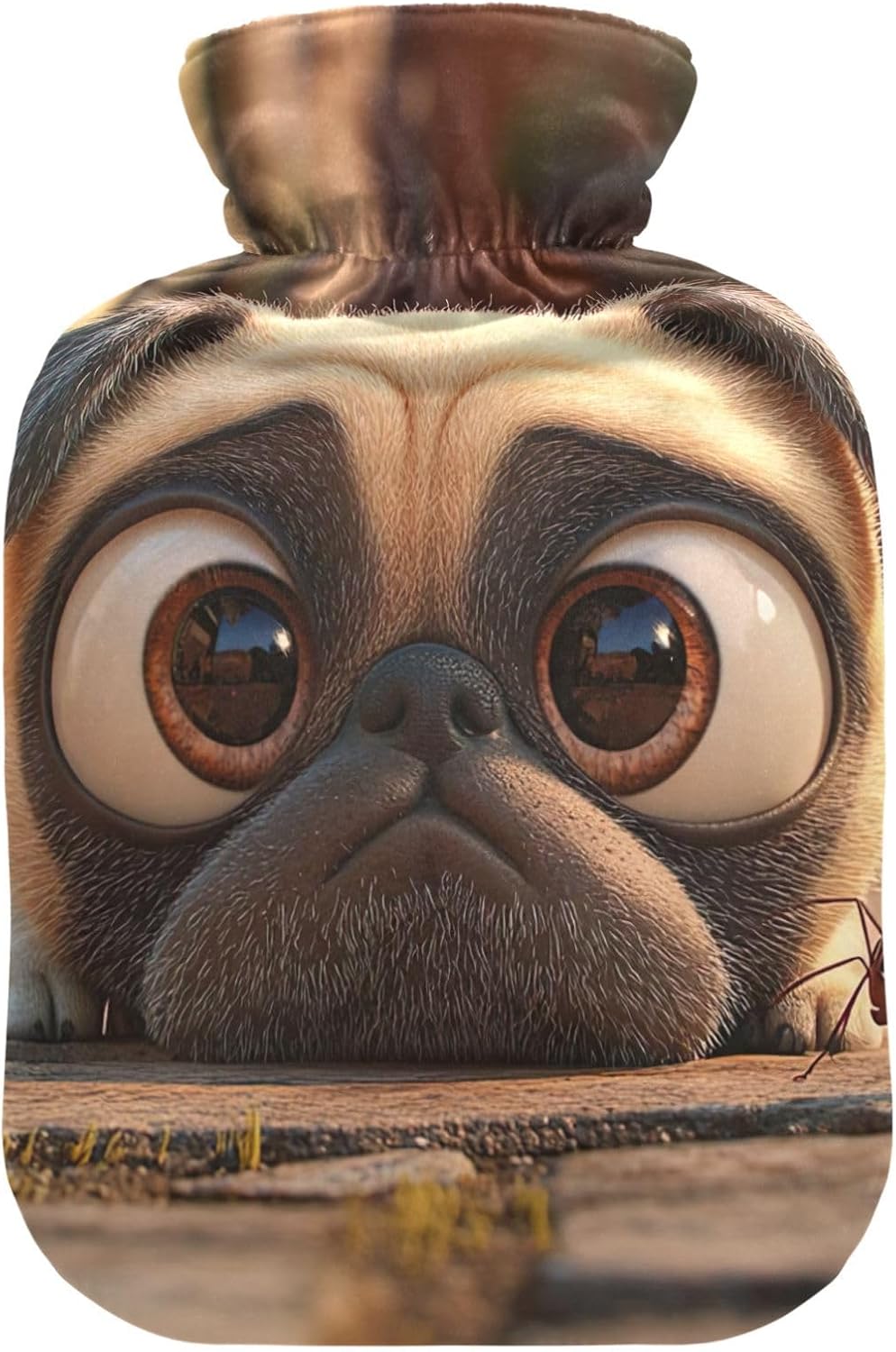 Hot Water Bottle with Soft Cover Bed Hand Feet Warmer Cute Pug Dog with Big Eyes Hot Water Bag for Menstrual Cramps Small