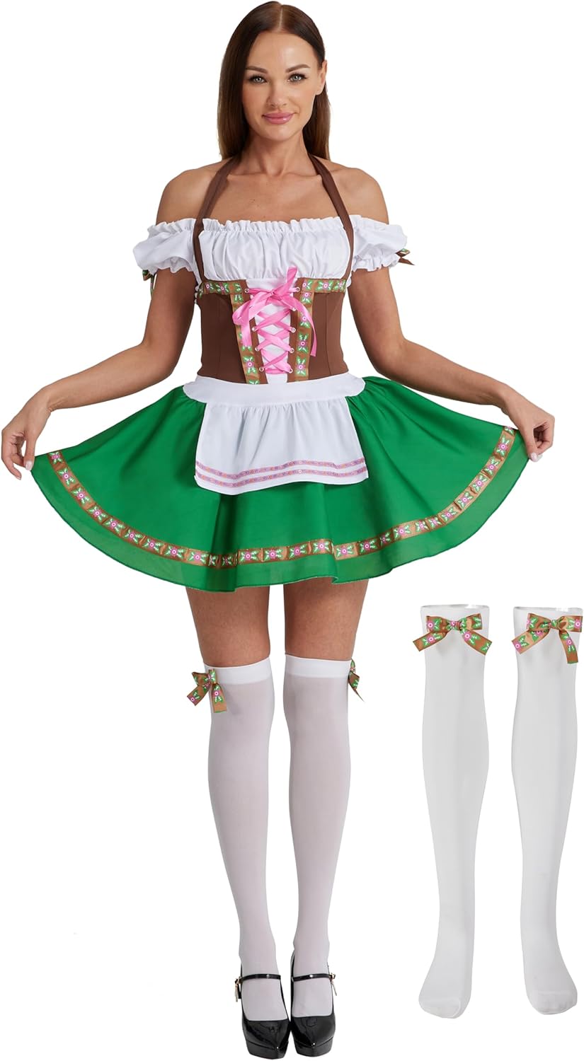 Maxim Party Supplies Women's Oktoberfest Outfit - Bavarian Maid Dress with Stockings & Bows - Dirndl Style German Dress