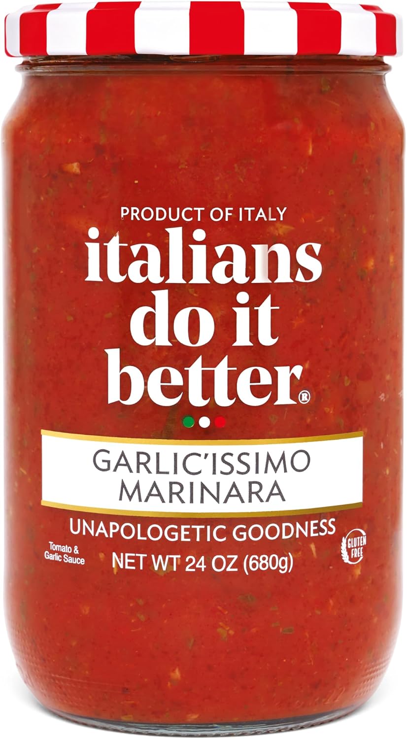 Italians Do It Better Garlic'issimo Garlic Marinara Pasta Sauce - Authentic Italian Tomatoes with Basil, Garlic, Oregano & White Pepper - No Sugar Added, Non-GMO, Preservative-Free - Imported from Italy - 24oz Jar