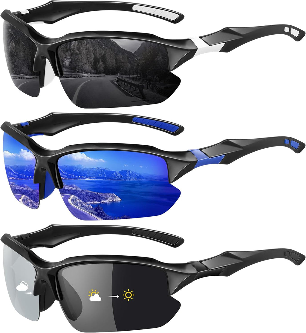XVXV 3 Pack Polarized Sports Sunglasses for Men, UV Protection Half Frame Sunglasses Comfortable for Running Cycling Driving