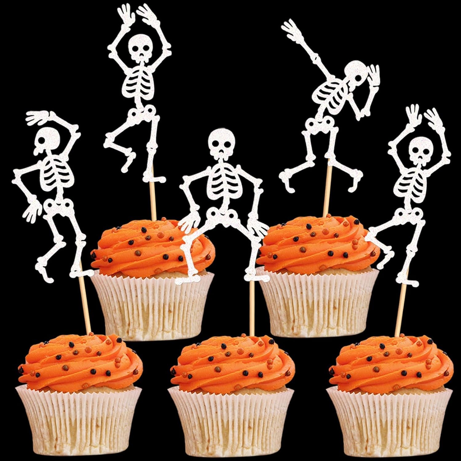 25Pcs Glitter Black Skeleton Cupcake Toppers Dancing Skeleton Cupcake Picks for Halloween Party Decorations Halloween Boys Girls Goth Birthday Goth Bridal Shower Wedding Cake Cupcake Decorations