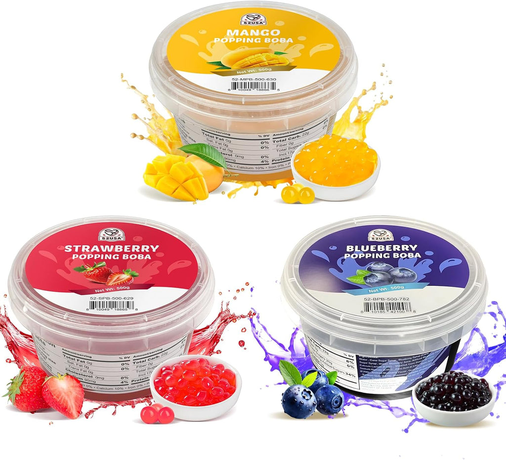 52USA Strawberry, Mango, Blueberry Popping Boba Pearls (3 Pack), Perfect for Bubble Tea, Boba Kit, Smoothies, Ice Cream, Desserts, Beverages 3.3 lb