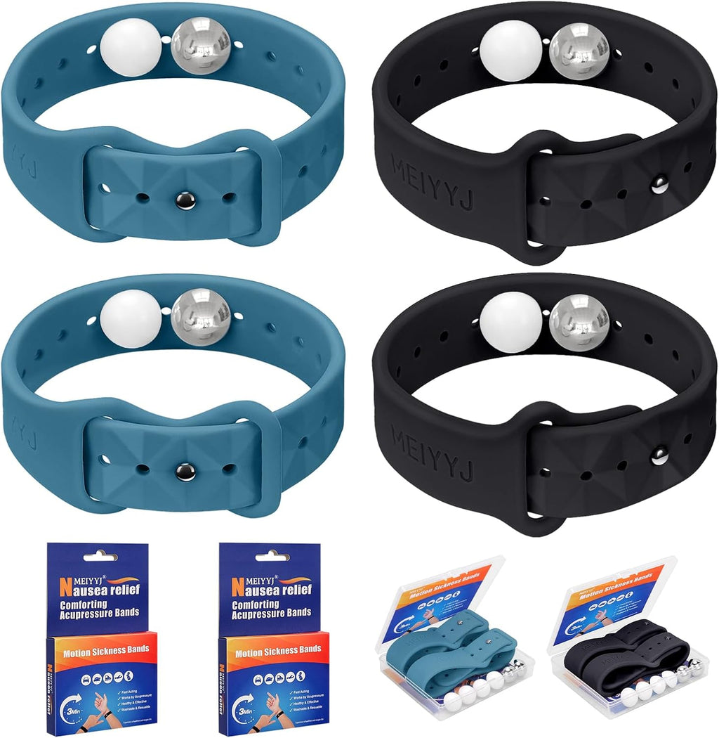 Motion Sickness Bands for Adults and Kids Sea Wristbands for Cruise Travel Wristband, Natural Relief Wristbands，Sea Bands for Pregnancy Women(1Pair Black+1Pair Blue)
