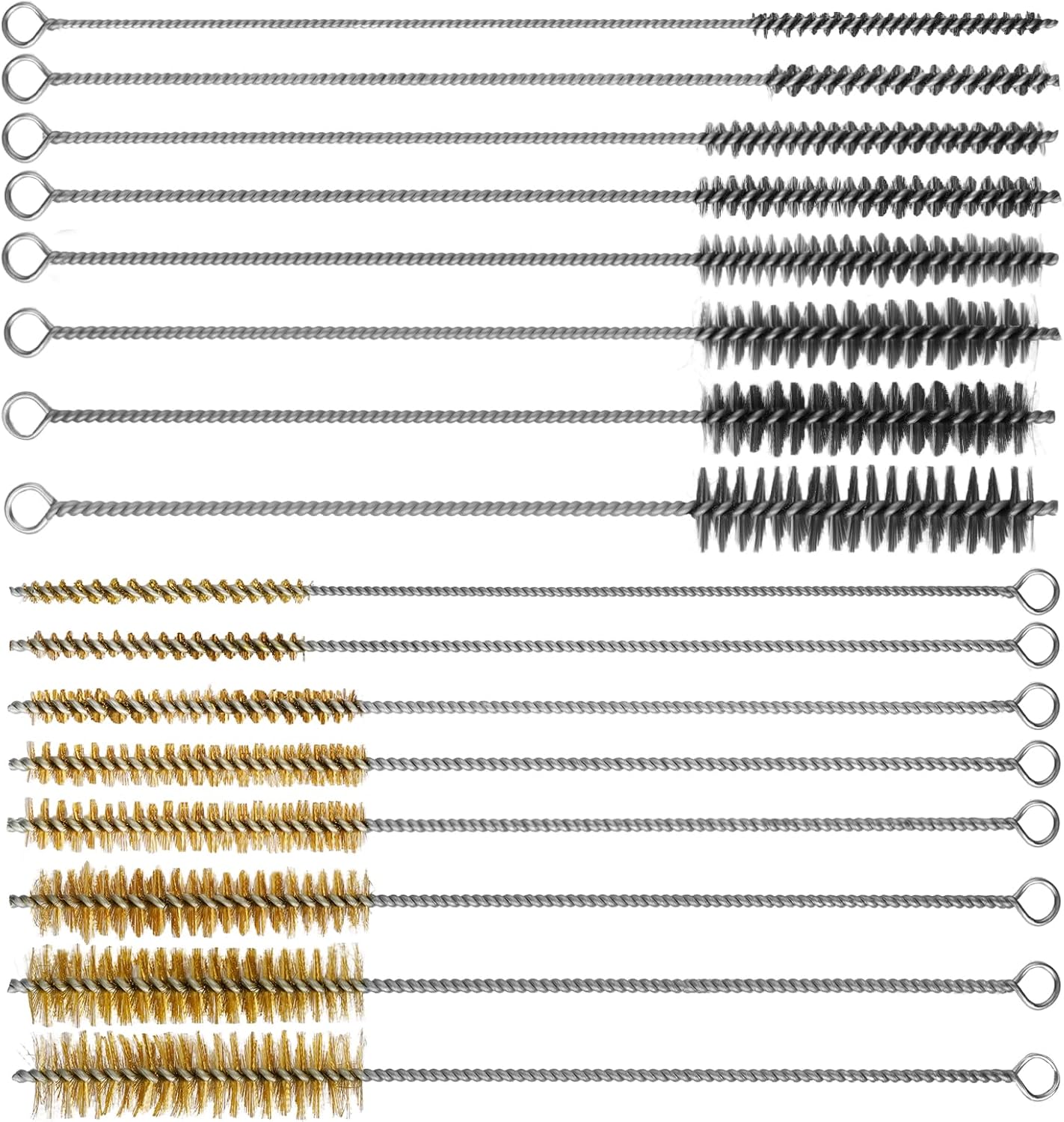 RAWILL 16Pcs Tube Cleaning Brush, Brass Stainless Steel Engine Cleaning Brushes, 12 Inch Long Round Wire Pipe Cleaner for Deep Pipes, Auto Parts, Engine Parts, 8 Sizes