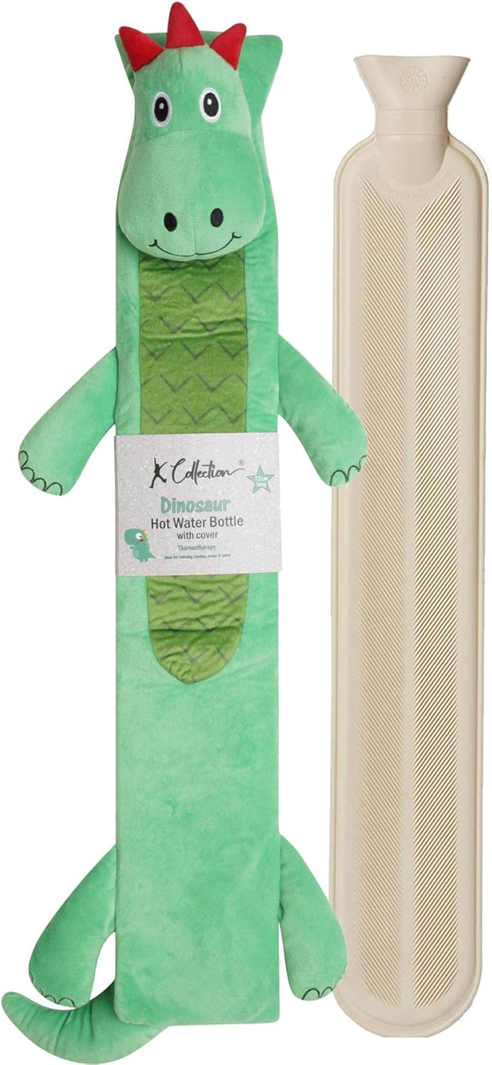 Extra Long Hot Water Bottle – Super Soft Novelty Plush Cover – Natural Rubber 2L Capacity – 72cm Long – Perfect for Pain Relief on Aches or Injuries (Dinosaur)