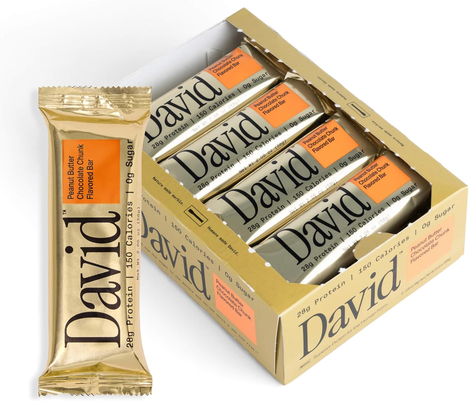 David High Protein Bars - 0g of Sugar, Low Carb, Gluten Free - 28g of Protein, 150 Calories - On-The-Go Snack - Peanut Butter Chocolate Chunk Flavor, Pack of 12