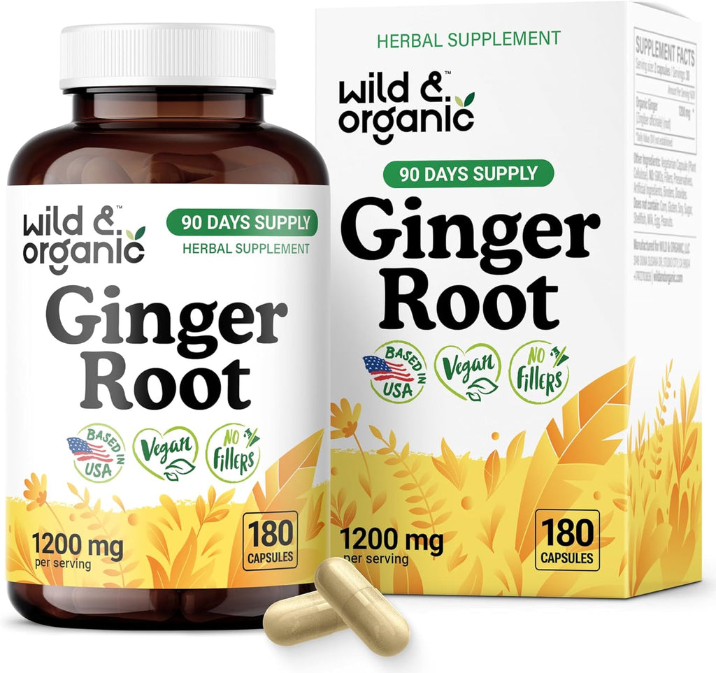 Wild & Organic Ginger Root Capsules 1200 mg - Immune & Digestive Support - Ginger Root Supplement - Zingiber Officinale Powder - 90 Days of Supply - Vegan, No Fillers, Non-GMO - 180 Count