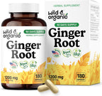Wild & Organic Ginger Root Capsules 1200 mg - Immune & Digestive Support - Ginger Root Supplement - Zingiber Officinale Powder - 90 Days of Supply - Vegan, No Fillers, Non-GMO - 180 Count