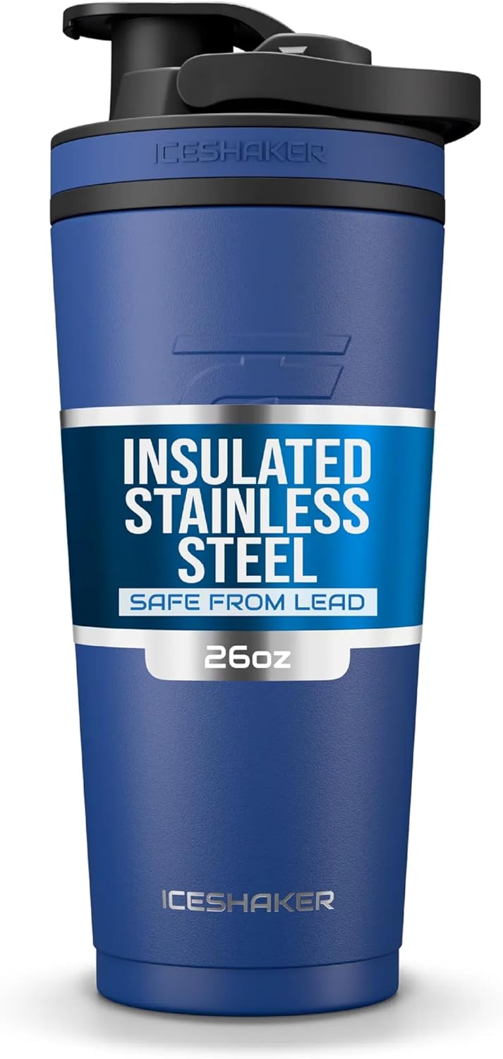 Ice Shaker Insulated Stainless Steel Shaker Bottle | 26oz, Navy | Cold for 30+ Hours | Insulated Cup with Twist-on Agitator | Odor-Free Bottle for Protein Shakes, Water, Smoothies, Cocktails