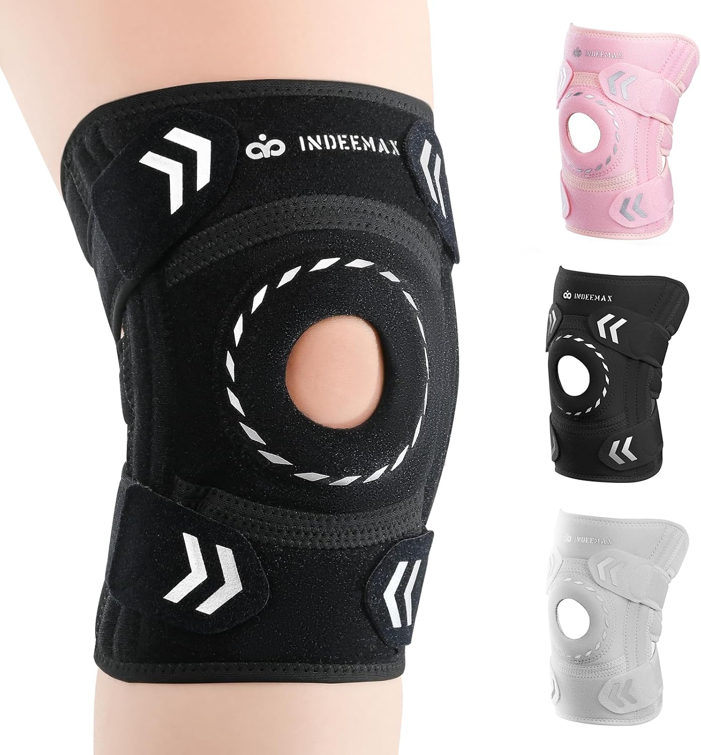 Adjustable Knee Support Brace for Women Men, Adjustable Compression Knee Patellar Pad Tendon Support Sleeve Brace - Arthritis Pain, Injury Recovery, Running, Workout, Neoprene Knee Brace with Stabilizers and Open Patella, Black