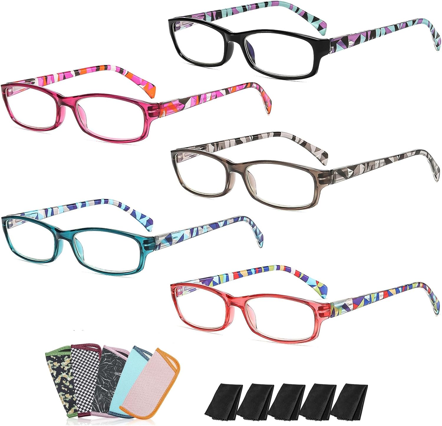 Women's Fashion Reading Glasses, 5 Pairs Blue Light Blocking Readers with Durable Spring Hinges 0.5x to 4.0x
