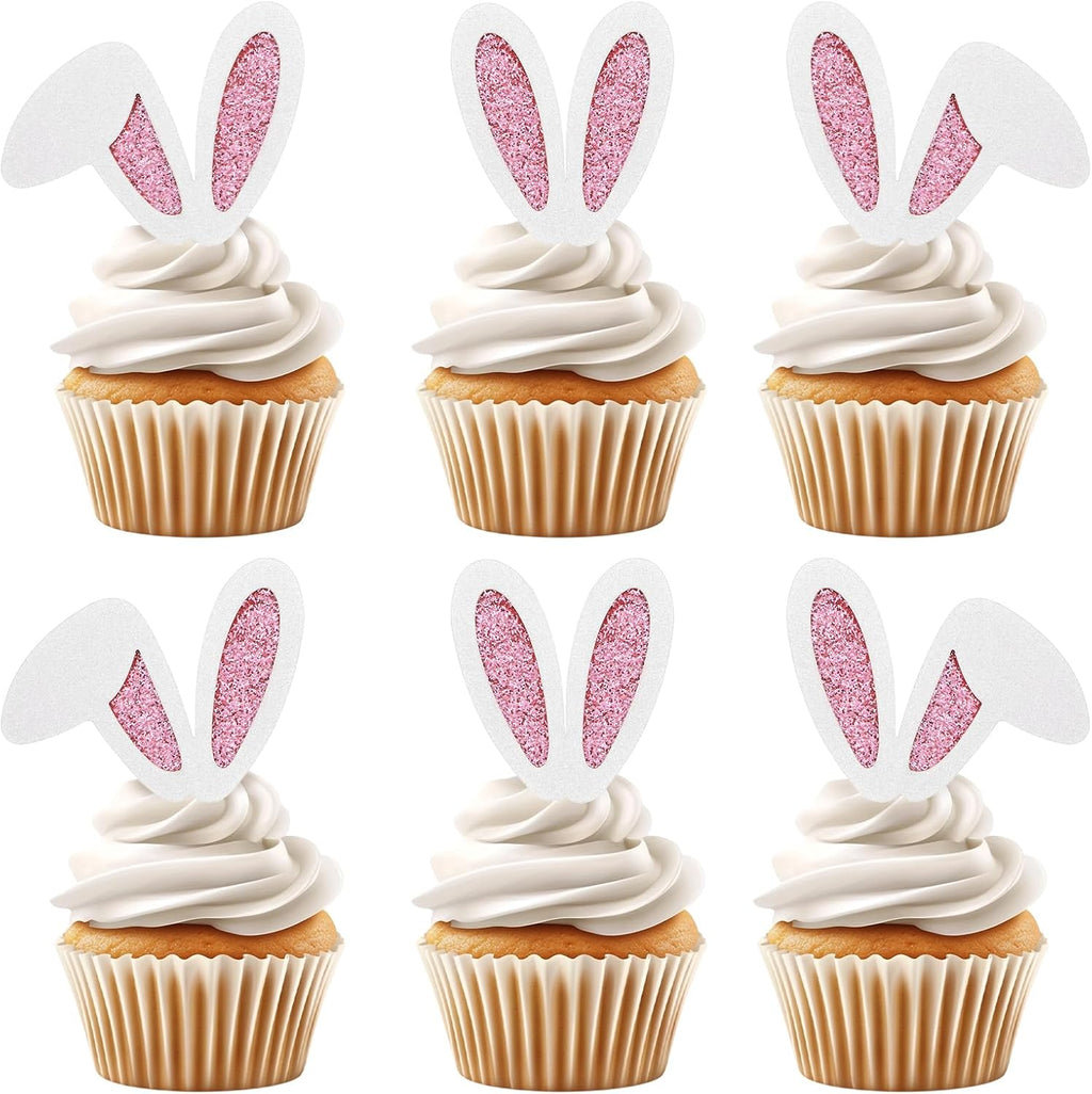 24 Pack Easter Bunny Ear Cupcake Toppers Glitter Easter Party Decorations Bunny Ear Cupcake Toppers Happy Birthday Cupcake Picks for Spring Birthday Baby Shower Party Supplies - Rabbit Lover