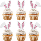 24 Pack Easter Bunny Ear Cupcake Toppers Glitter Easter Party Decorations Bunny Ear Cupcake Toppers Happy Birthday Cupcake Picks for Spring Birthday Baby Shower Party Supplies - Rabbit Lover