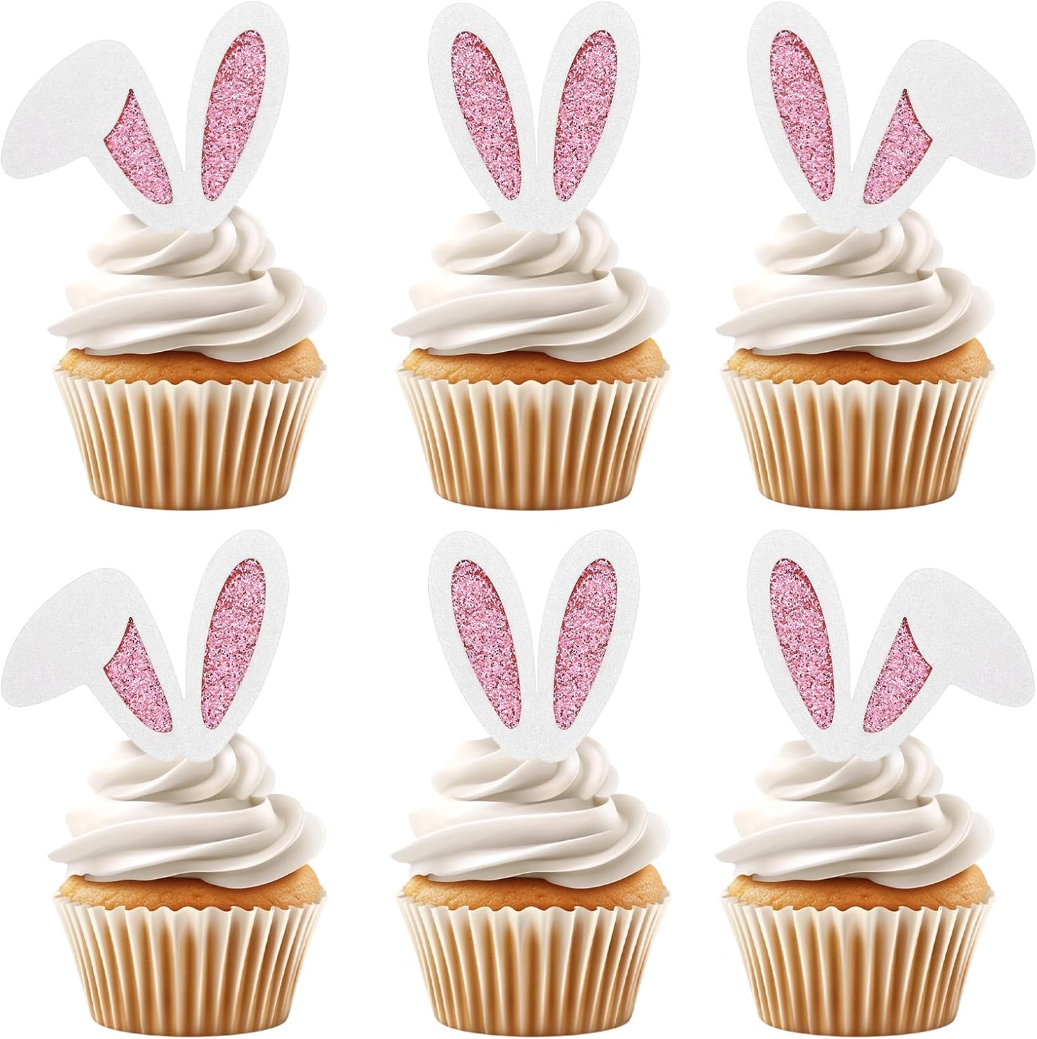 24 Pack Easter Bunny Ear Cupcake Toppers Glitter Easter Party Decorations Bunny Ear Cupcake Toppers Happy Birthday Cupcake Picks for Spring Birthday Baby Shower Party Supplies - Rabbit Lover
