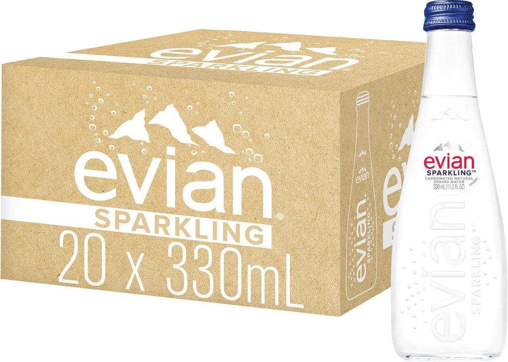 evian Sparkling Carbonated Natural Water 330ml Glass Bottle, Case of 20 Bottles
