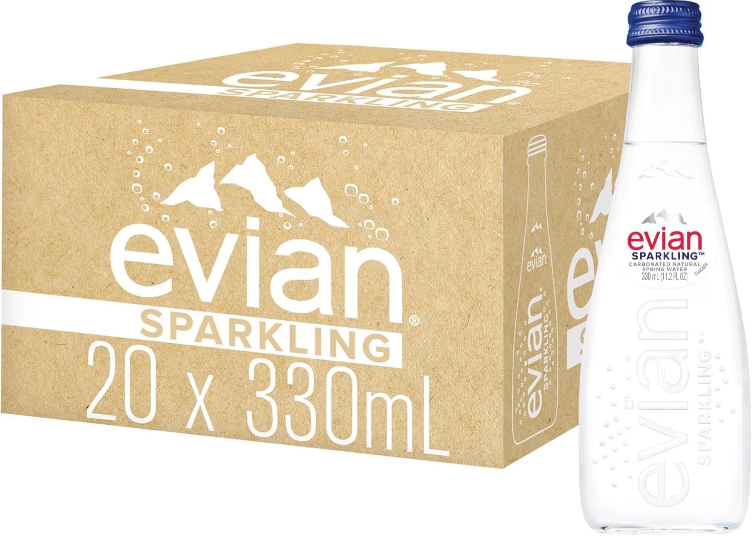evian Sparkling Carbonated Natural Water 330ml Glass Bottle, Case of 20 Bottles