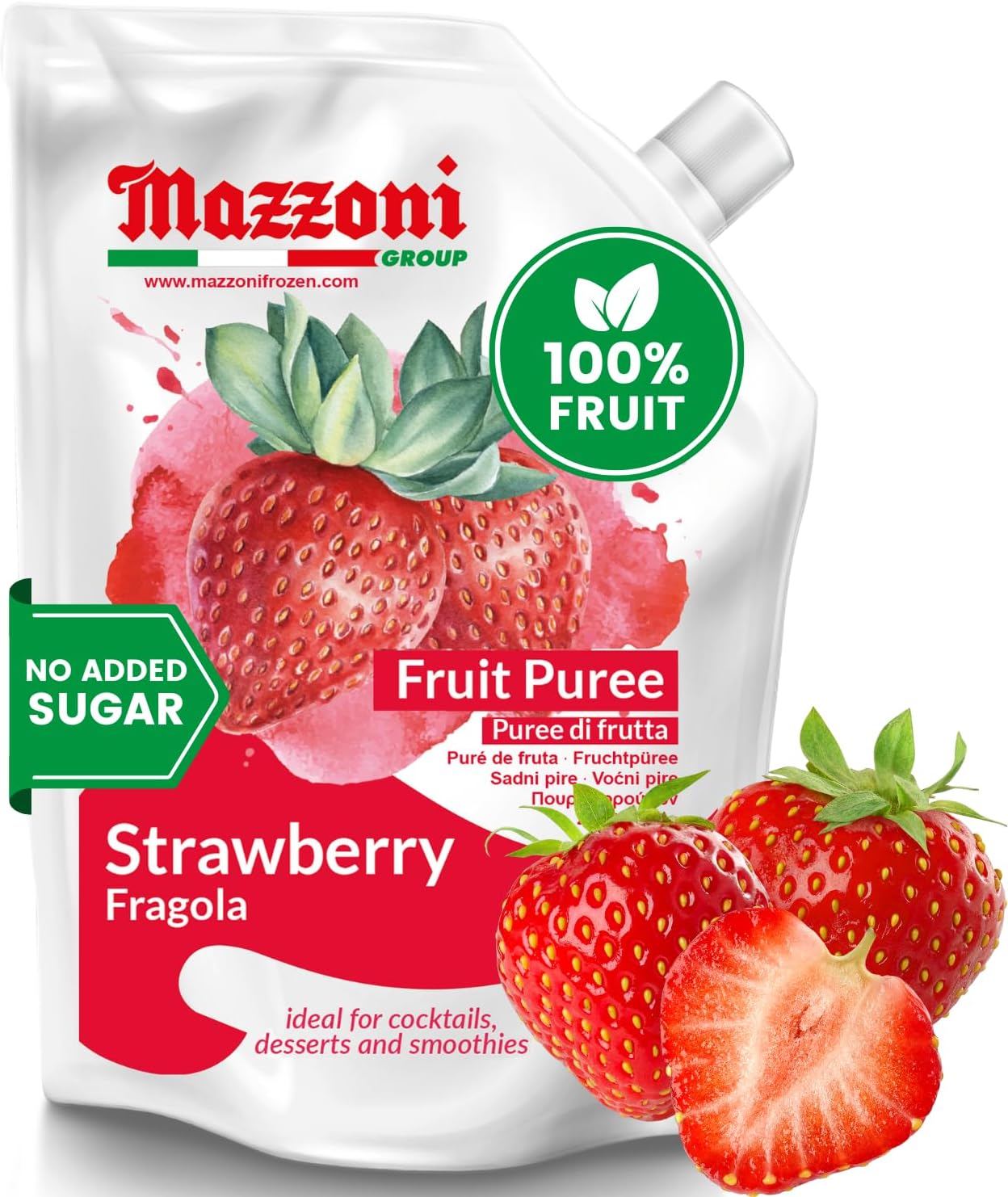 Mazzoni - Strawberry Puree, 100% Pure Strawberries, Just Fruit, No Sugar Added, Real Fruit Mixer for Cocktails, Drinks, Smoothies - 35.2 Fl Oz (2.2 lb), Convenient Pouch, Made in Italy
