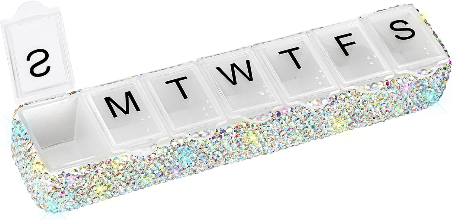 Soleebee Portable Weekly 7 Day Pill Organizer, Bling Crystal Pill Box Case, Travel Pill Planner, Pill Dispenser, Medicine Vitamin Container Organizer (AB)