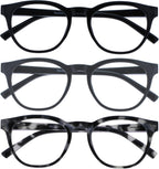 OPULIZE BLU Blue Light Blocking Reading Glasses for Women Men, Cool Round Frame with Anti-Glare Computer and Gaming Eyewear, UV and Eyestrain Protection, Black Grey Tort +1.00 (Pack of 3)
