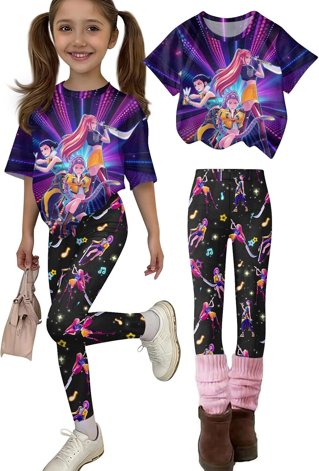 K-pop HUNTR/X 2 Piece Short Sleeve Top Shorts Hunter Print Outfits Set Teen Girl Cartoon Costume Outfits Short Set