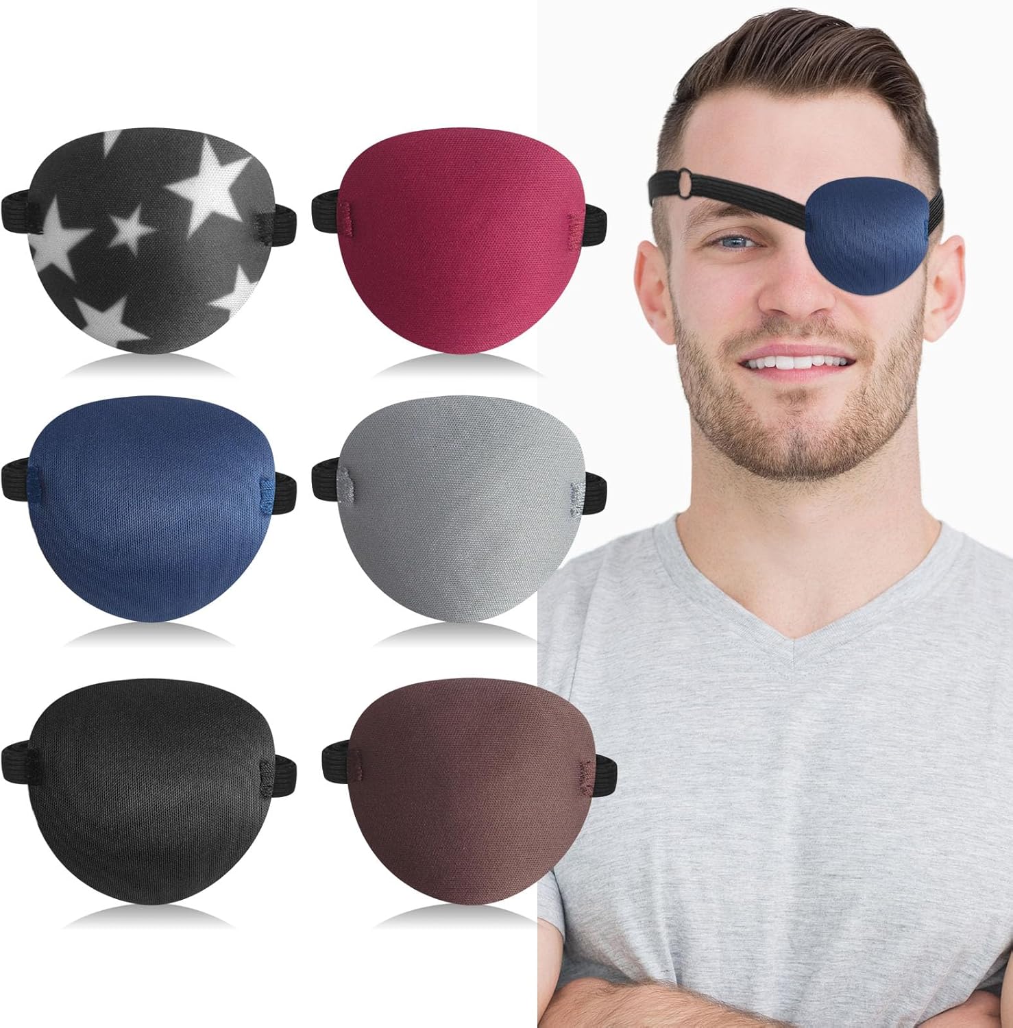 6pcs Eye Patches,Comfortable Adjustable Medical Eyepatch for Right or Left,Soft Lazy Eye Path for Pirate Costume Black,Blue,Red,Brown,Gray
