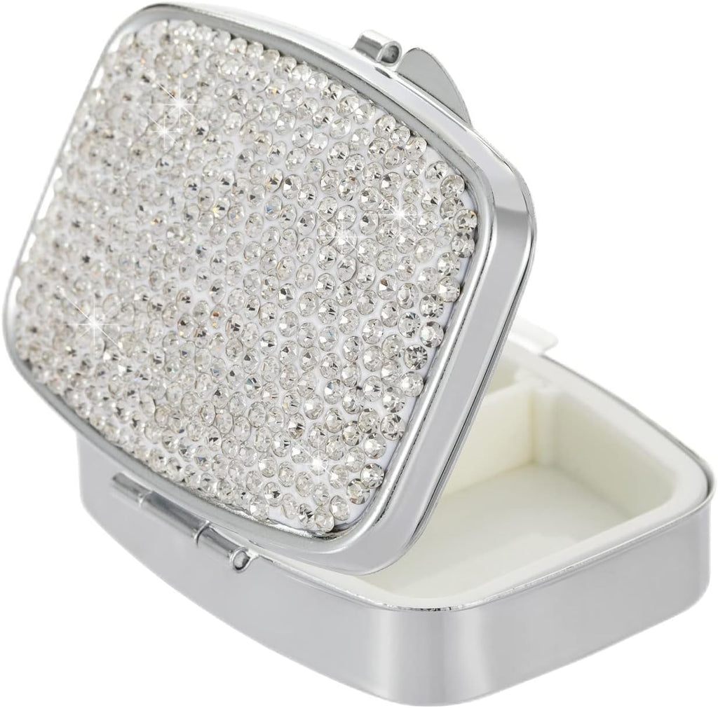 Pocket Pharmacy Bling 2 Compartment Medicine Organizer Small Cute Pill Container Travel Pill Box Case for Purse Square Vitamin Holder for Pocket(Silver)