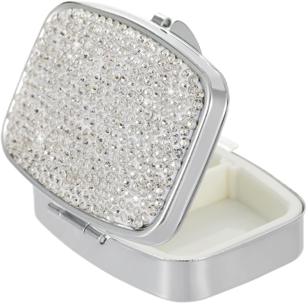 Pocket Pharmacy Bling 2 Compartment Medicine Organizer Small Cute Pill Container Travel Pill Box Case for Purse Square Vitamin Holder for Pocket(Silver)