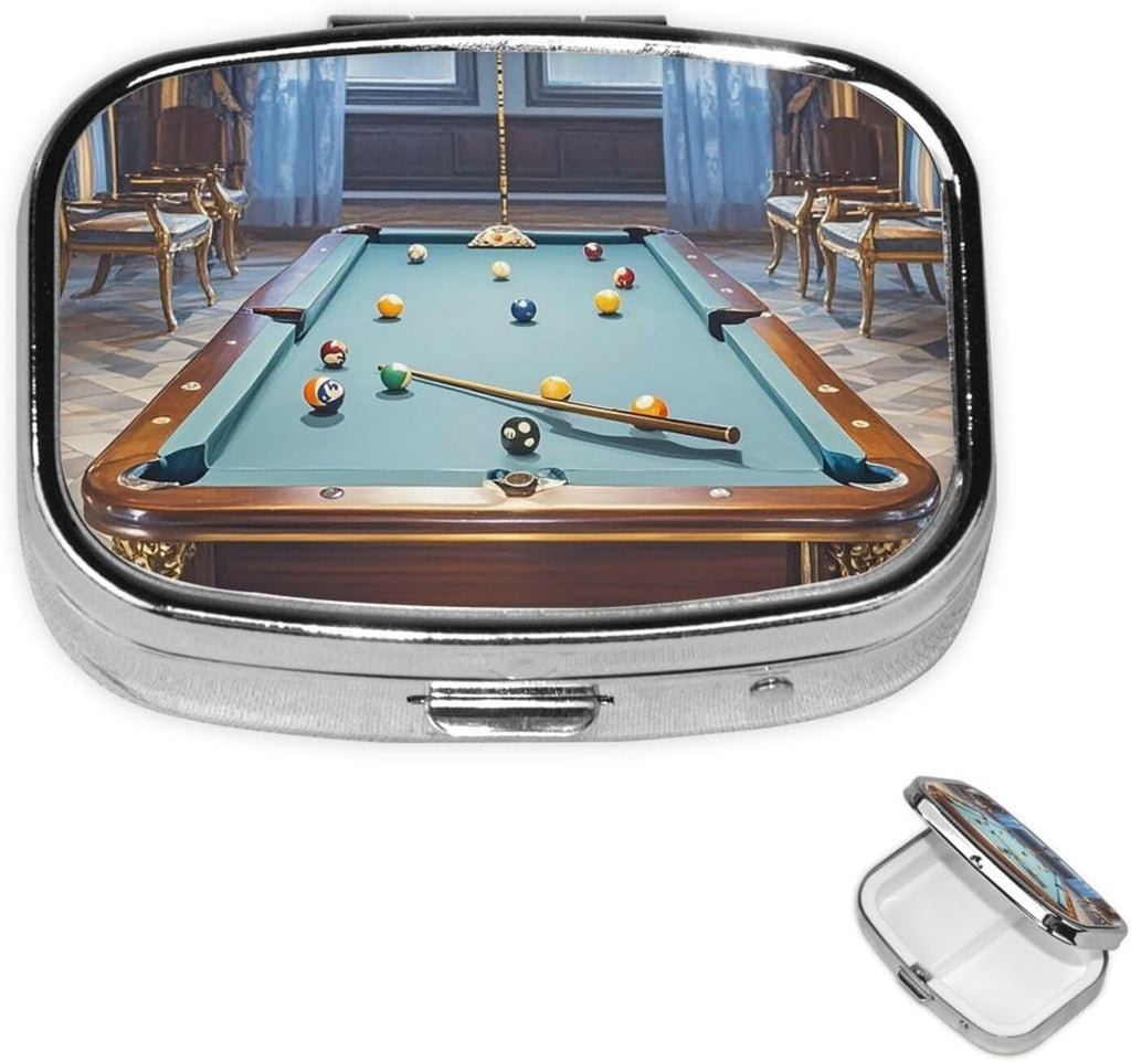 Pill Box 2 Compartment Metal Medicine Pill Organizer Billiard Pill Case for Purse or Pocket Cute Mini Portable Pill Holder Travel Pill Container to Hold Supplements, Vitamins, Fish Oil
