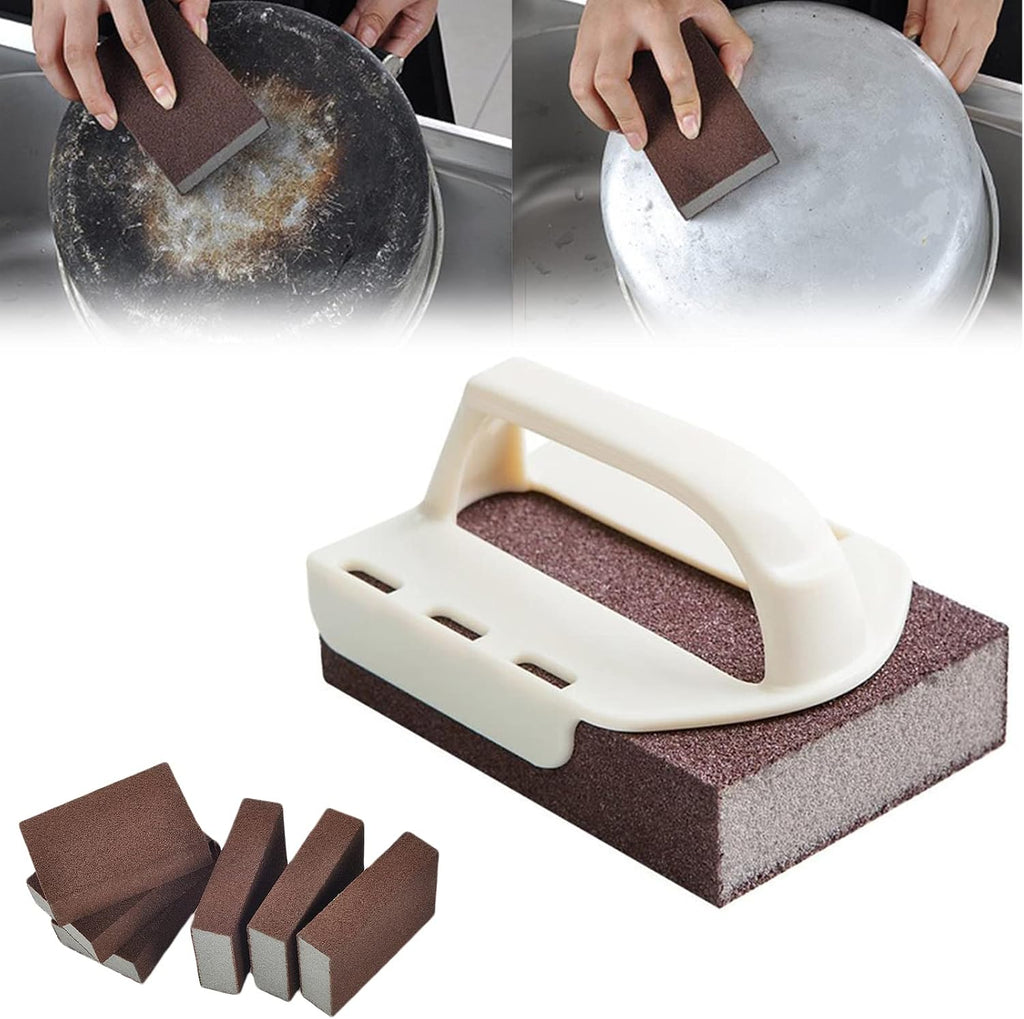 Nano Carborundum Sponge, Carborundum Sponge Nano Emery Sponges, 5Pcs Set with Handle, Emery Sponge Brush for Pots and Pans (5 Pcs with Handle)