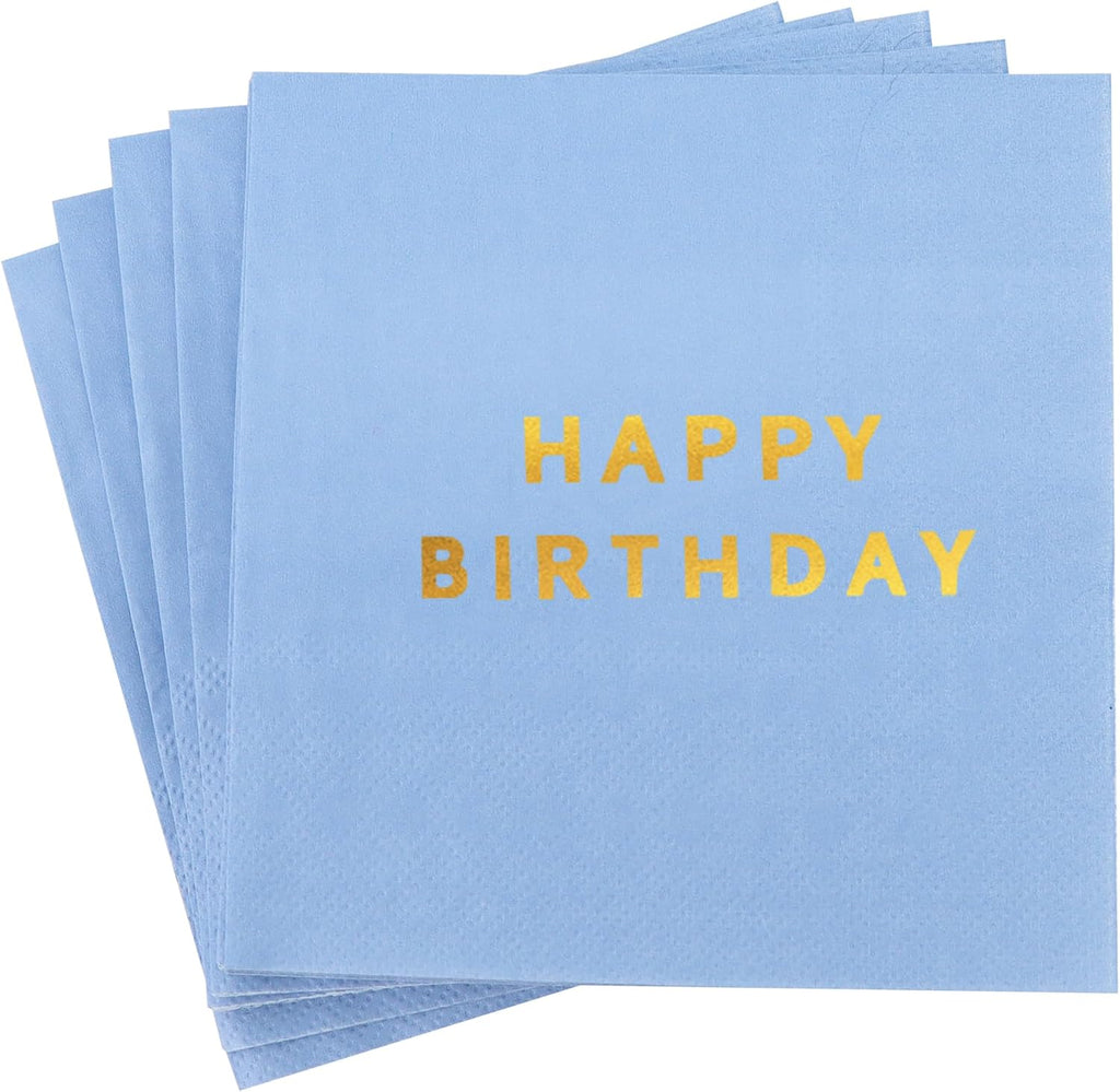 Vuzvuv 52 Pack Gold Foil Happy Birthday Cocktail Napkins - Birthday Party Dinner Hand Napkin for Party Supplies Decorations Table Decor for women man(5" Folded 3 Ply-Light Blue)