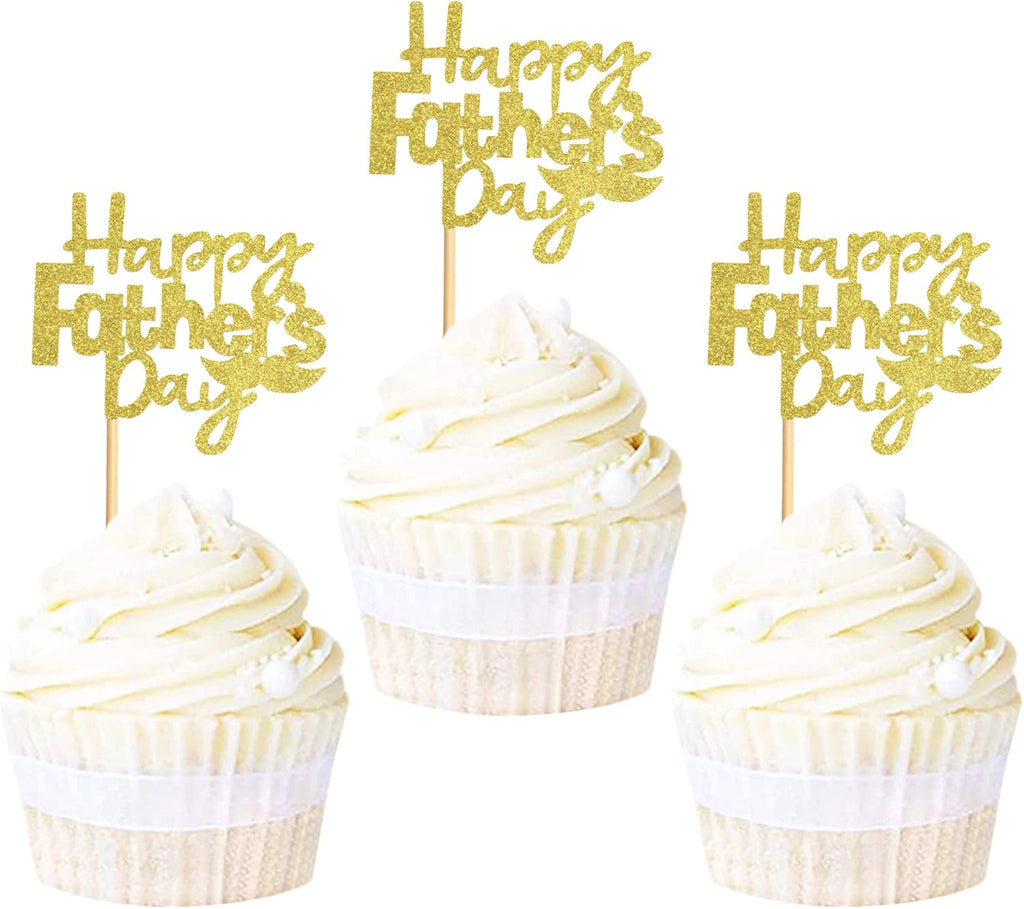Ercadio 24Pcs Glitter Golden Happy Father's Day Cupcake Toppers with Moustache Gold Glitter Happy Father's Day Cupcake Picks for Dad Theme Party Decorations Father's Birthday Cupcake Decors