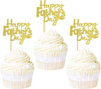 Ercadio 24Pcs Glitter Golden Happy Father's Day Cupcake Toppers with Moustache Gold Glitter Happy Father's Day Cupcake Picks for Dad Theme Party Decorations Father's Birthday Cupcake Decors