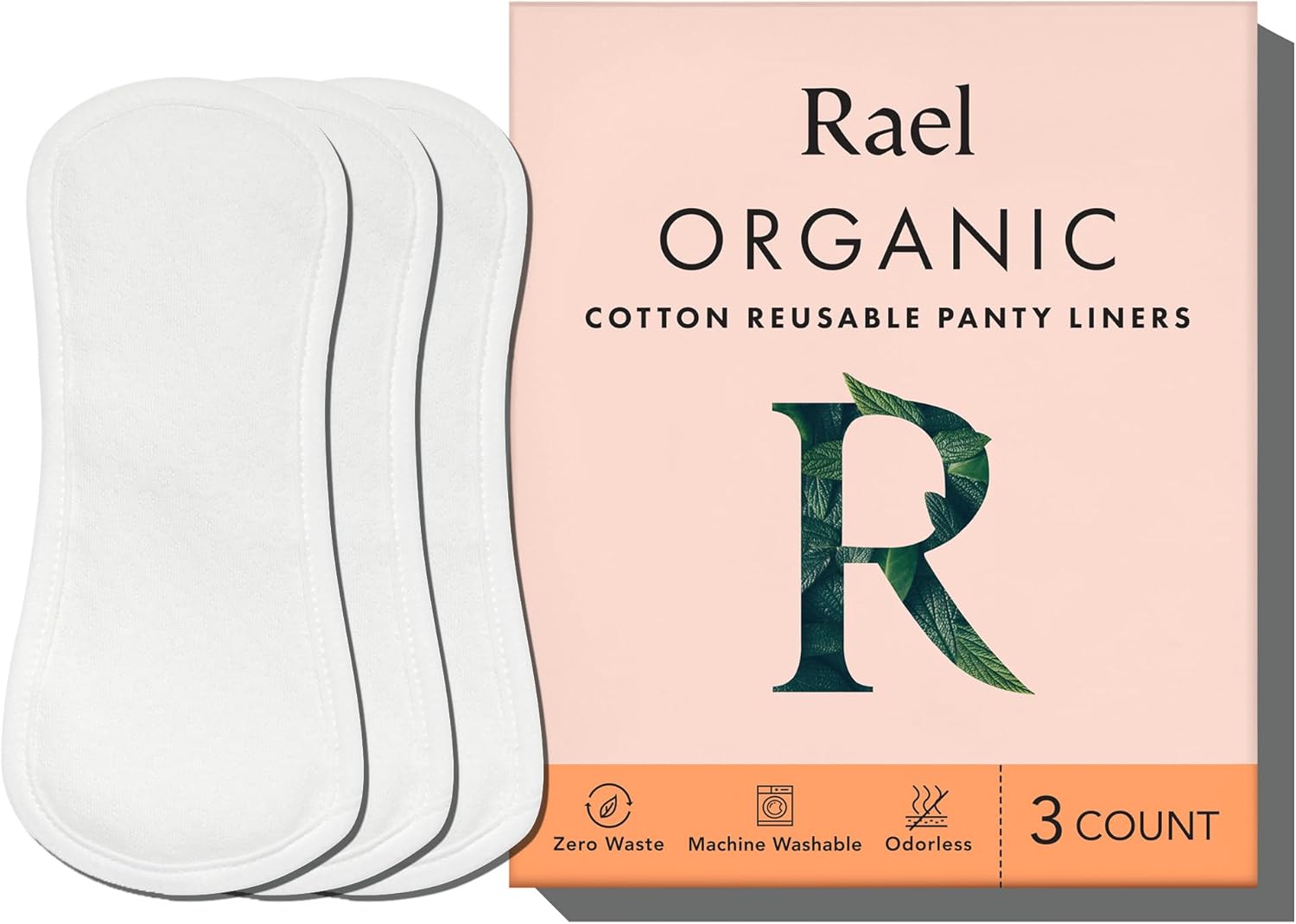 Rael Reusable Panty Liners Menstrual, Organic Cotton Cover, Period Essential, Cloth Pantyliner for Women, Washable, Soft and Thin, Leak-Free, Washing Machine Safe (3 Count, White)