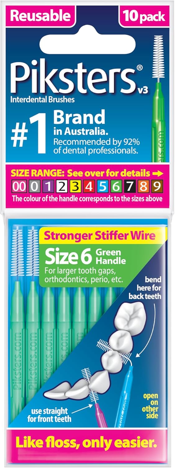 Piksters Interdental Brushes, 10 pk, Size 6, Interdental Tooth Brush for Larger Teeth Gaps, Gum Soft Bristles for Plaque Removal, Safe for Braces