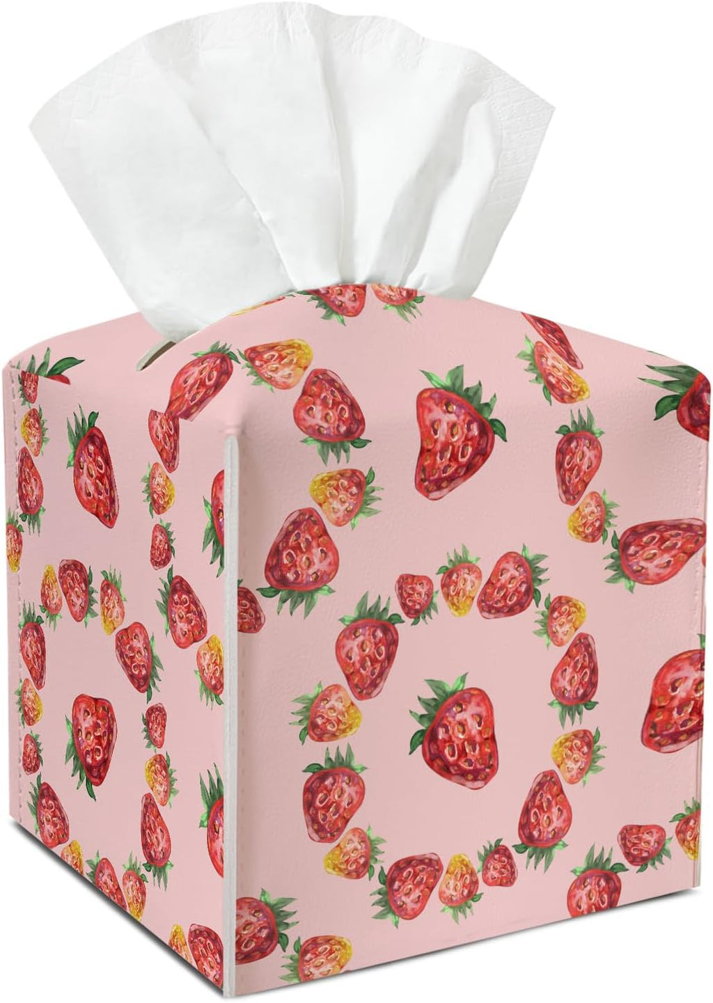 Strawberry Tissue Box Cover Square, Waterproof Leather Tissue Box Holder, Cute Facial Paper Organizer Dispenser Decor for Bathroom Nightstand Vanity Desk Office Car /007