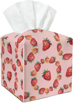 Strawberry Tissue Box Cover Square, Waterproof Leather Tissue Box Holder, Cute Facial Paper Organizer Dispenser Decor for Bathroom Nightstand Vanity Desk Office Car /007