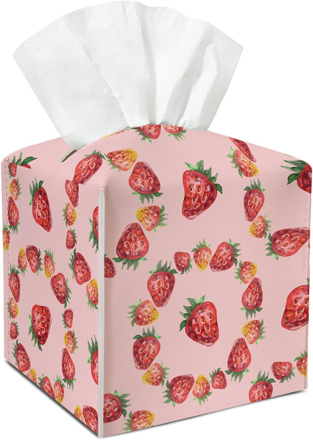 Strawberry Tissue Box Cover Square, Waterproof Leather Tissue Box Holder, Cute Facial Paper Organizer Dispenser Decor for Bathroom Nightstand Vanity Desk Office Car /007