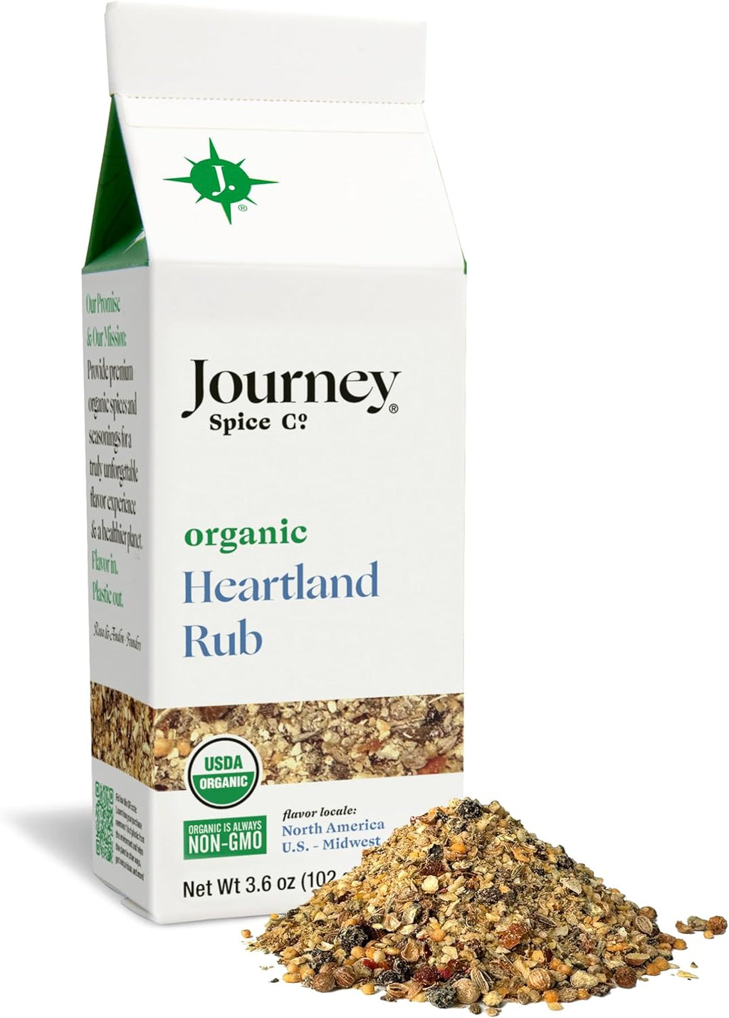Organic Heartland Rub by Journey Spice Co. | Gourmet Coarse All-Purpose Dry Rub Inspired by Chicago Steak Seasoning for Steak, Chicken, Poultry, Meat, Veggies, and More | Salt-Free, Sugar-Free, MSG-Free, Non-GMO | 3.6 oz. | Resealable/Reusable Cap