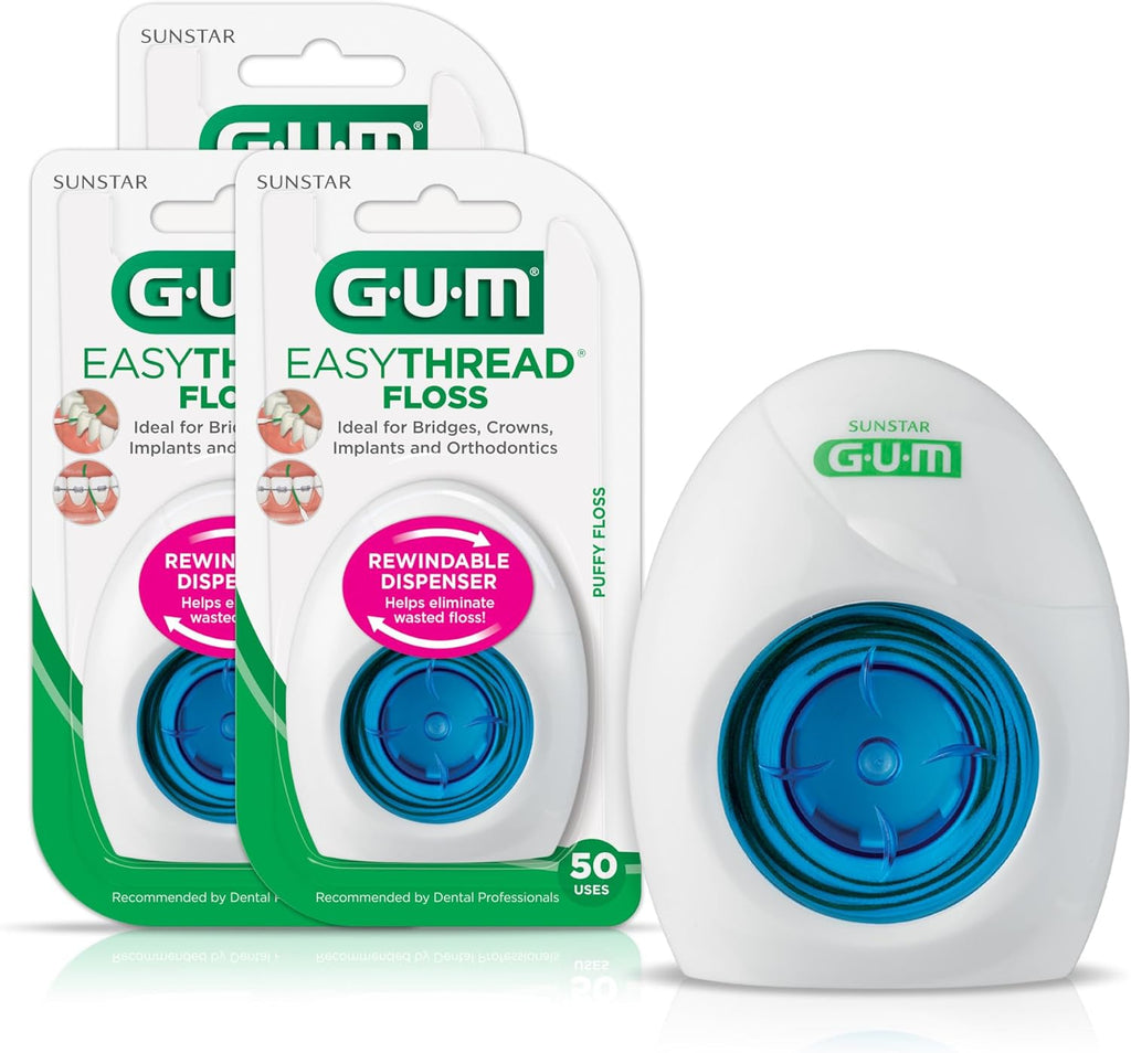 GUM EasyThread Threader Floss - Expanding Dental Floss for Braces, Bridges, and Implants - Built in Rigid Floss Threaders (50 Uses)(Pack of 3)