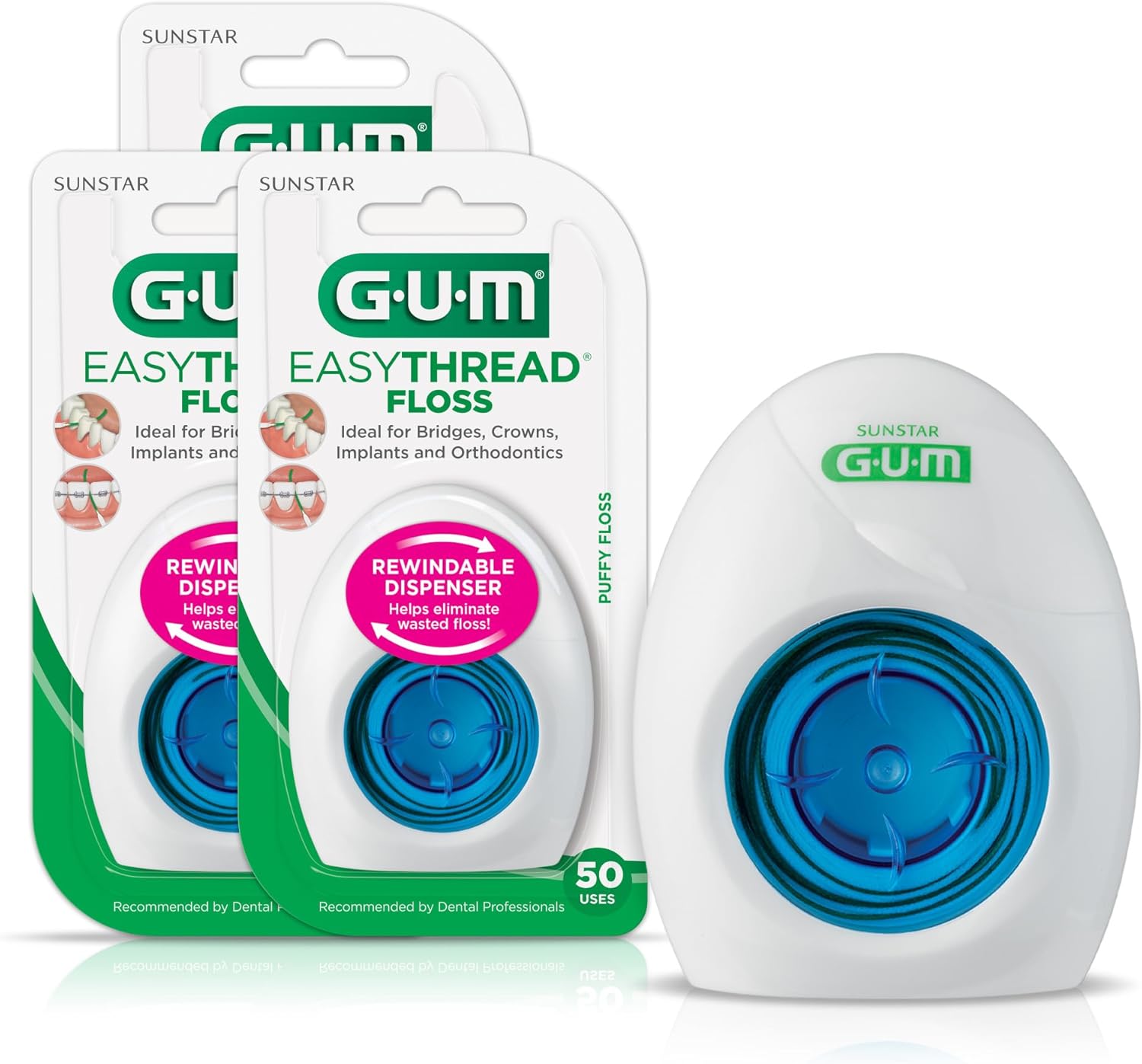 GUM EasyThread Threader Floss - Expanding Dental Floss for Braces, Bridges, and Implants - Built in Rigid Floss Threaders (50 Uses)(Pack of 3)