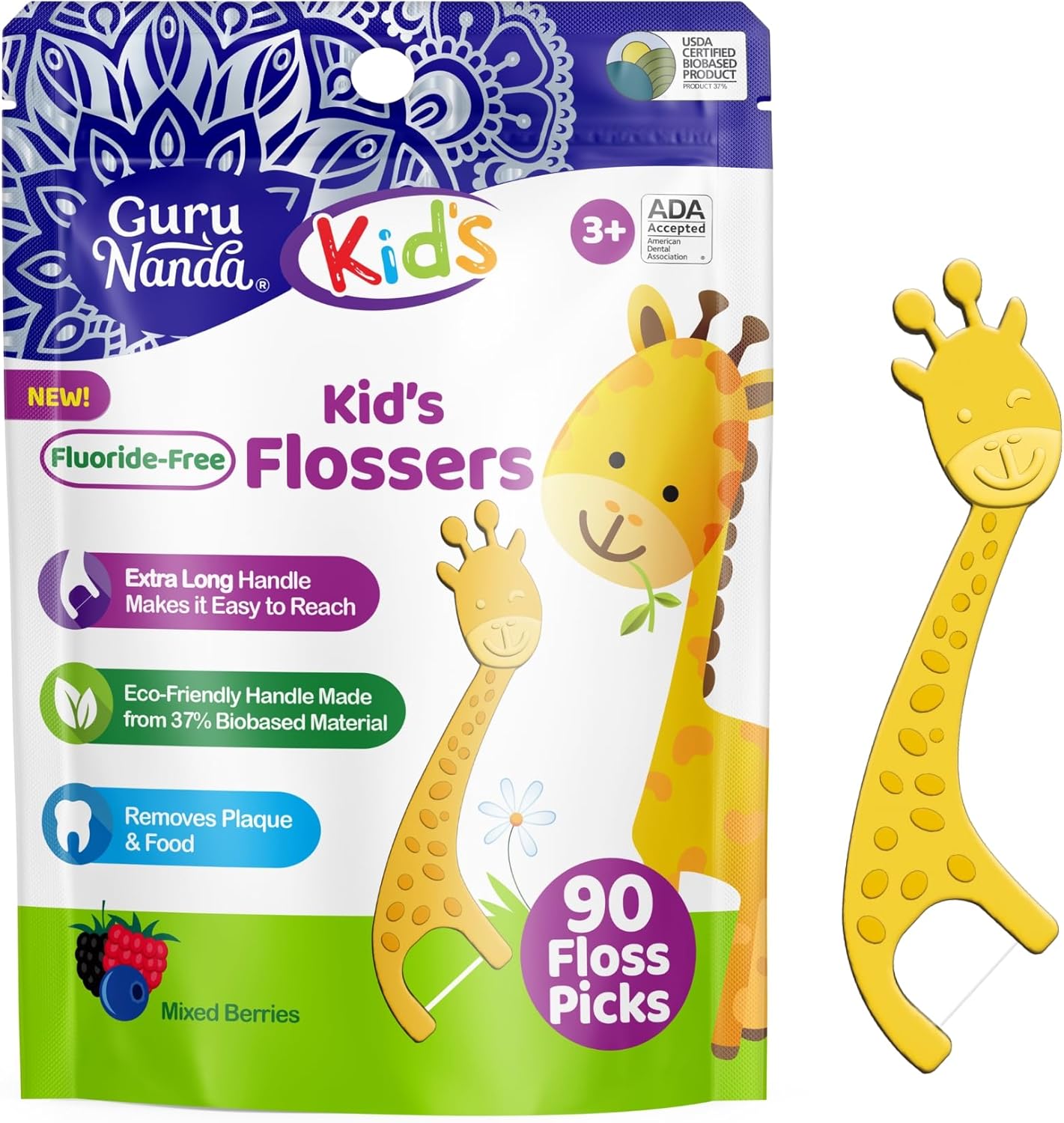 GuruNanda Dental Floss Picks for Kids, Extra-Long Giraffe-Shaped Picks, Fluoride-Free, Anti-Slip & Shred-Resistant Design & Eco-Friendly Handle & Berry Flavor, Ideal for Ages 3+, 90 Count (Pack of 1)